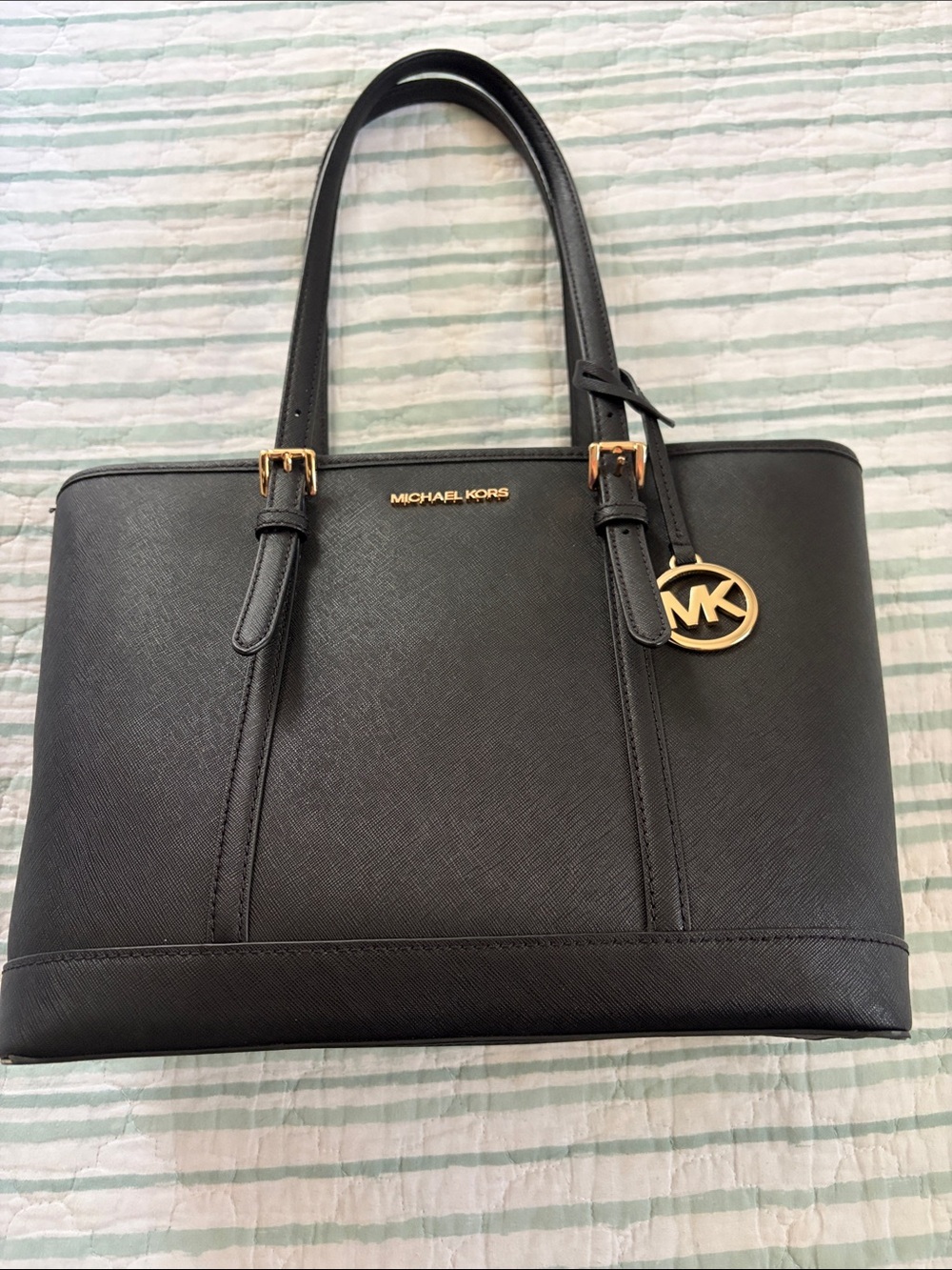 Michael Kors Black Saffiano Tote with Gold MK Charm
